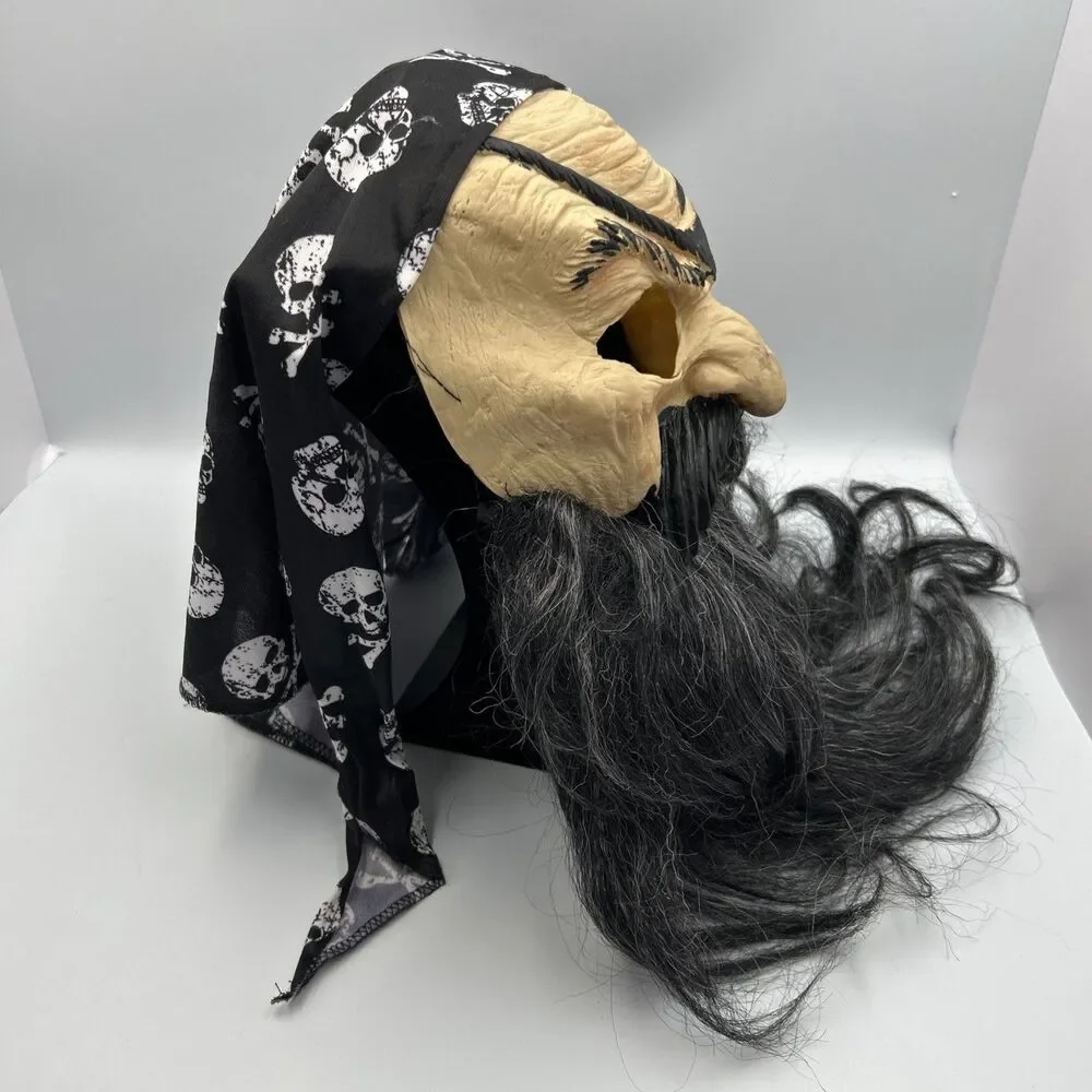 Vintage Pirate Halloween Mask Long Black Beard Skull Bandana Costume Prop